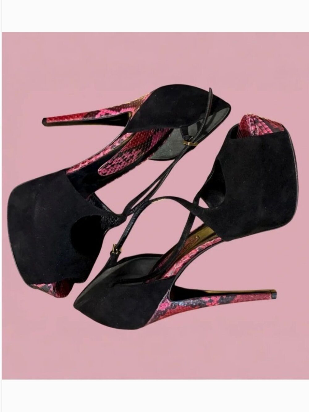 Epic Gucci black suede with red and pink Python Snakeskin platform heels  size 3